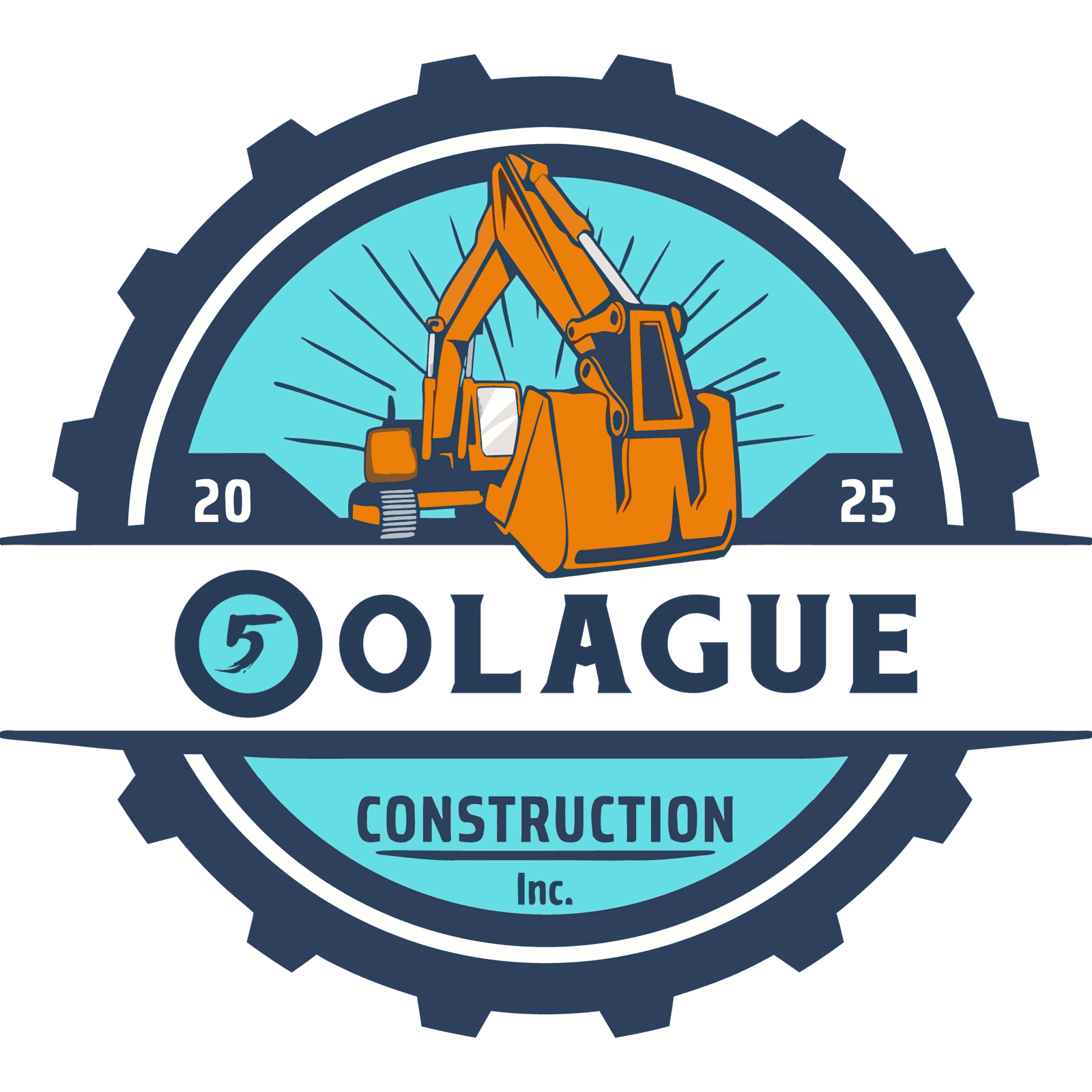 Construction logo with excavator and gear for Olague Construction Inc.