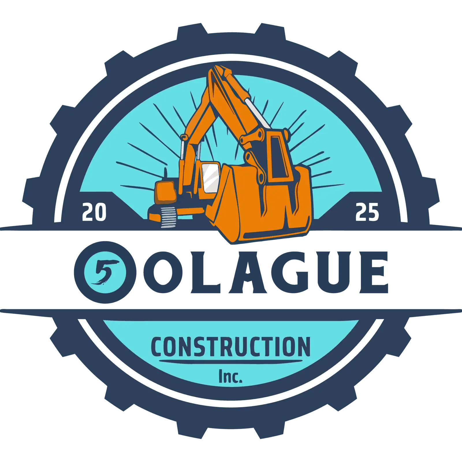 Construction logo with excavator and gear for Olague Construction Inc.